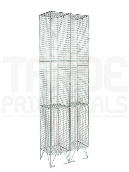 Nest of 2 Wire Mesh Lockers | 3 Doors | 2110 x 305 x 380mm | Sloping Top