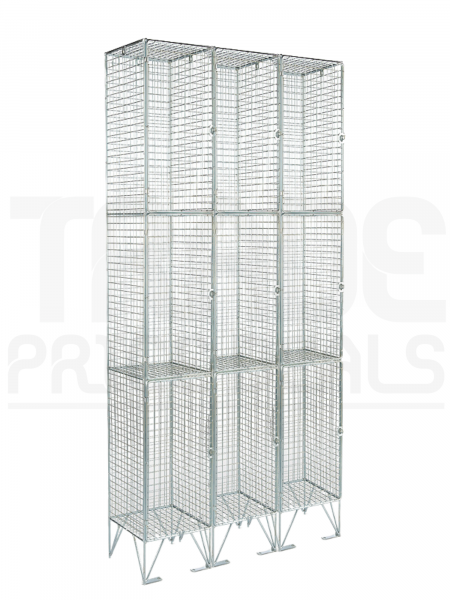 Nest of 3 Wire Mesh Lockers | 3 Doors | 1980 x 305 x 380mm | Flat Top