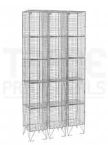 Nest of 3 Wire Mesh Lockers | 5 Doors | 2110 x 305 x 305mm | Sloping Top