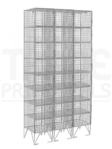 Nest of 3 Wire Mesh Lockers | 8 Doors | 1980 x 305 x 450mm | Flat Top