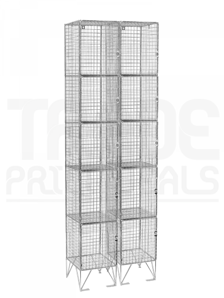 Nest of 2 Wire Mesh Lockers | 5 Open Compartments | 2110 x 305 x 450mm | Sloping Top