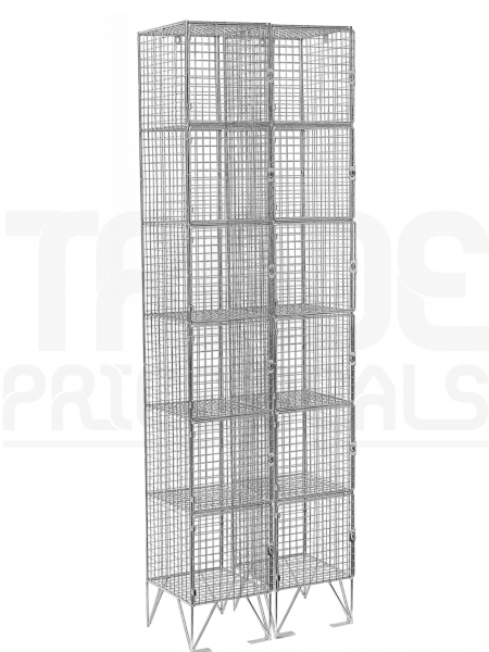 Nest of 2 Wire Mesh Lockers | 6 Open Compartments | 2110 x 305 x 450mm | Sloping Top