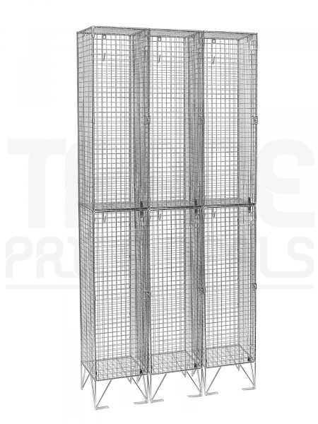 Nest of 3 Wire Mesh Lockers | 2 Open Compartments | 2110 x 305 x 380mm | Sloping Top