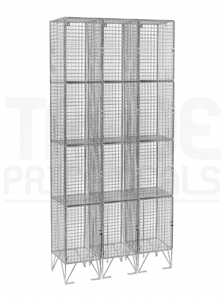 Nest of 3 Wire Mesh Lockers | 4 Open Compartments | 2110 x 305 x 380mm | Sloping Top