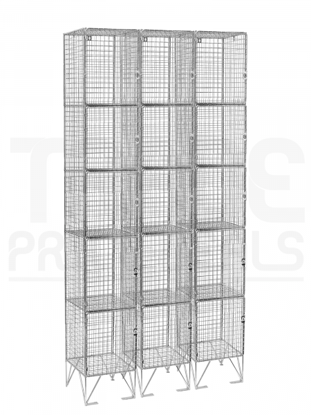 Nest of 3 Wire Mesh Lockers | 5 Open Compartments | 1980 x 305 x 450mm | Flat Top