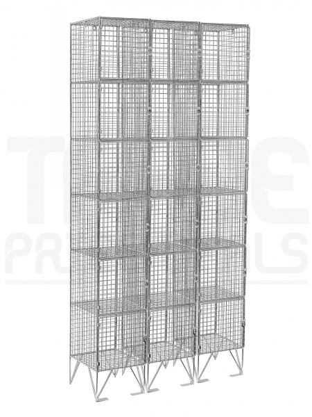 Nest of 3 Wire Mesh Lockers | 6 Open Compartments | 2110 x 305 x 305mm | Sloping Top