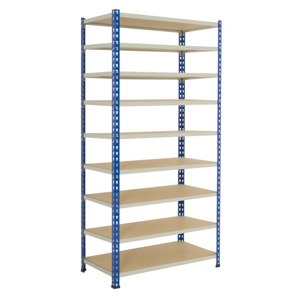 Industrial Shelving | 1980h x 1220w x 457d mm | Chipboard Shelves | 120kg Max Weight per Shelf | 9 Levels | Blue & Grey | TradeMax HD