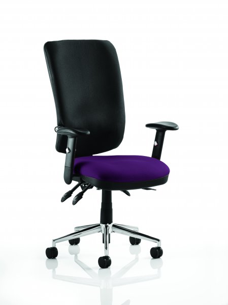 Operator Chair | High Back | Folding Height Adjustable Arms | Castors | Tansy Purple Seat | Black Back | Chiro