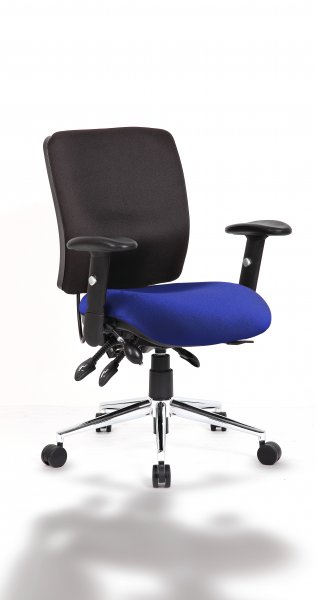 Operator Chair | Medium Back | Folding Height Adjustable Arms | Castors | Stevia Blue Seat | Black Back | Chiro