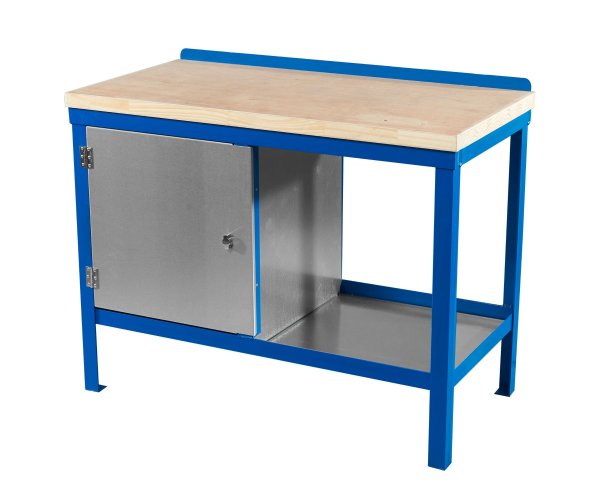 Heavy Duty Workbench | Solid Wood Worktop | LH Cupboard | 840h x 1200w x 750d mm | 1000kg Max Weight per Shelf | Blue | Benchmaster