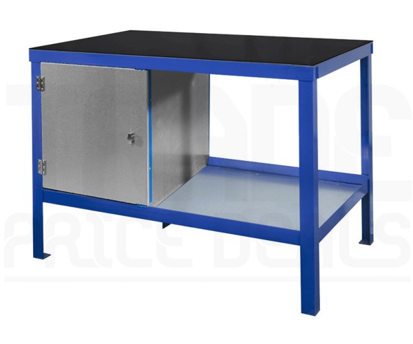 Heavy Duty Workbench | Rubber Bonded to Steel Worktop | LH Cupboard | 840h x 1200w x 600d mm | 1000kg Max Weight per Shelf | Blue | Benchmaster