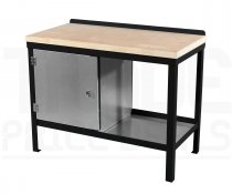 Heavy Duty Workbench | Solid Wood Worktop | LH Cupboard | 840h x 1200w x 750d mm | 1000kg Max Weight per Shelf | Black | Benchmaster