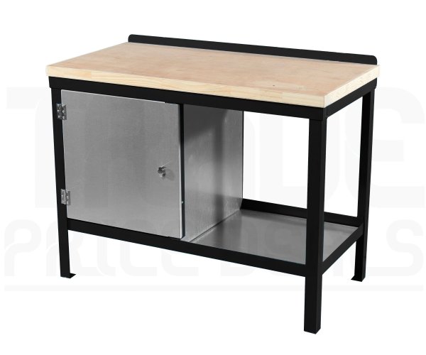 Heavy Duty Workbench | Solid Wood Worktop | LH Cupboard | 840h x 1200w x 900d mm | 1000kg Max Weight per Shelf | Black | Benchmaster