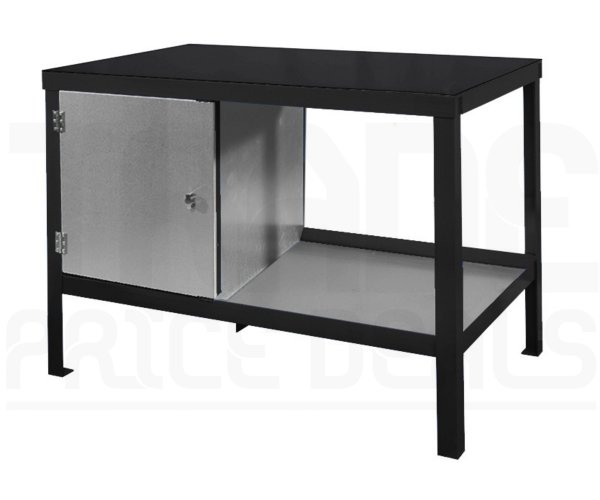 Heavy Duty Workbench | Rubber Bonded to Steel Worktop | LH Cupboard | 840h x 1200w x 900d mm | 1000kg Max Weight per Shelf | Black | Benchmaster