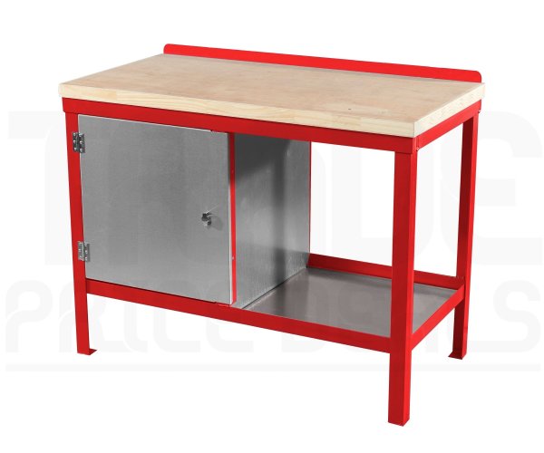 Heavy Duty Workbench | Solid Wood Worktop | LH Cupboard | 840h x 1200w x 750d mm | 1000kg Max Weight per Shelf | Red | Benchmaster