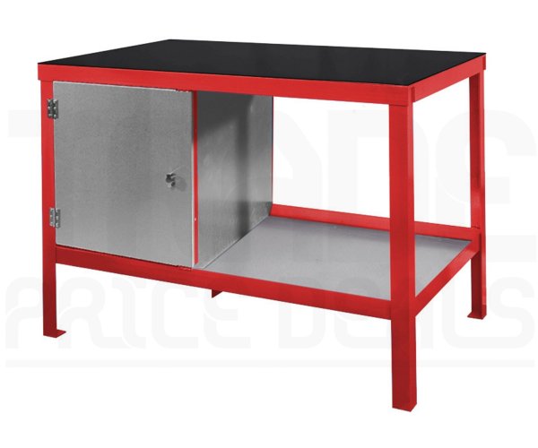 Heavy Duty Workbench | Rubber Bonded to Steel Worktop | LH Cupboard | 840h x 1200w x 900d mm | 1000kg Max Weight per Shelf | Red | Benchmaster