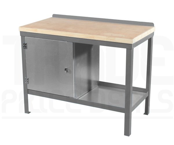 Heavy Duty Workbench | Solid Wood Worktop | LH Cupboard | 840h x 1200w x 750d mm | 1000kg Max Weight per Shelf | Silver | Benchmaster