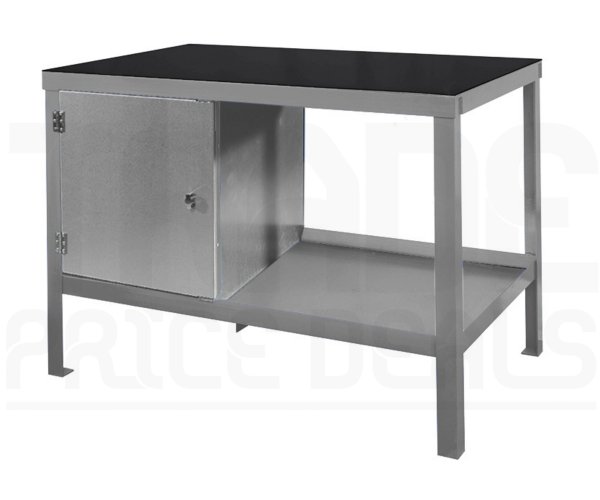 Heavy Duty Workbench | Rubber Bonded to Steel Worktop | LH Cupboard | 840h x 1500w x 600d mm | 1000kg Max Weight per Shelf | Silver | Benchmaster