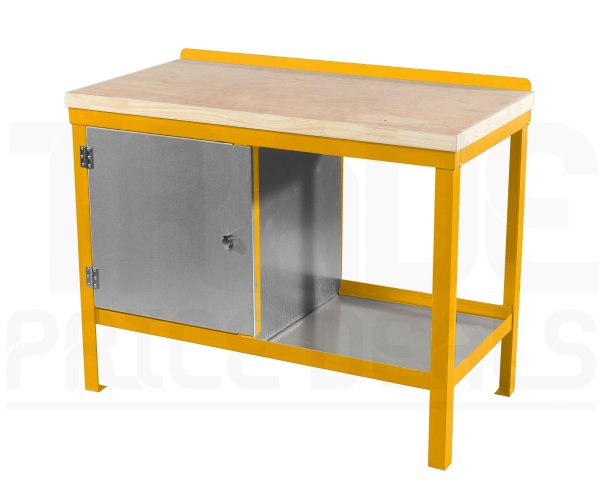 Heavy Duty Workbench | Solid Wood Worktop | LH Cupboard | 840h x 1200w x 750d mm | 1000kg Max Weight per Shelf | Yellow | Benchmaster