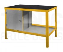 Heavy Duty Workbench | Rubber Bonded to Steel Worktop | LH Cupboard | 840h x 1200w x 600d mm | 1000kg Max Weight per Shelf | Yellow | Benchmaster