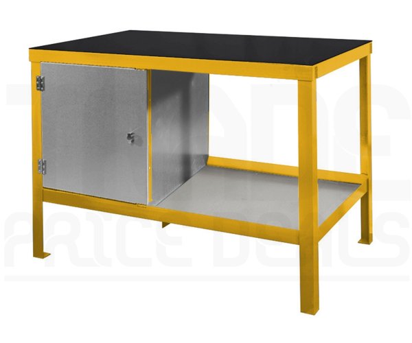 Heavy Duty Workbench | Rubber Bonded to Steel Worktop | LH Cupboard | 840h x 1200w x 600d mm | 1000kg Max Weight per Shelf | Yellow | Benchmaster