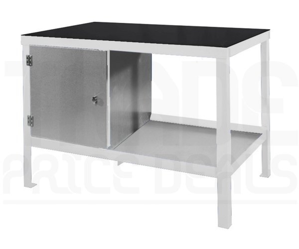 Heavy Duty Workbench | Rubber Bonded to Steel Worktop | LH Cupboard | 840h x 1200w x 600d mm | 1000kg Max Weight per Shelf | White | Benchmaster