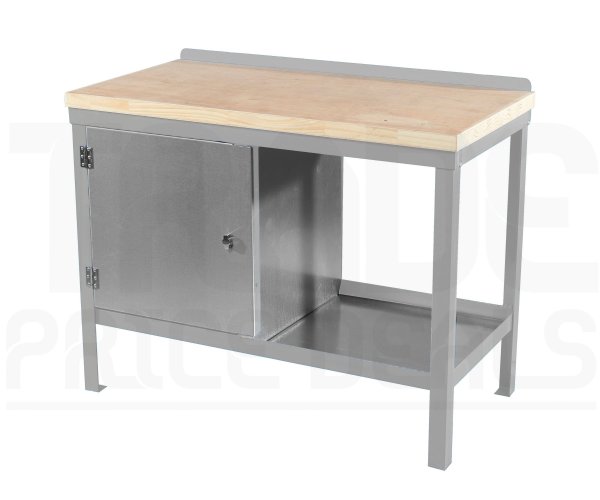 Heavy Duty Workbench | Solid Wood Worktop | LH Cupboard | 840h x 1200w x 600d mm | 1000kg Max Weight per Shelf | Light Grey | Benchmaster