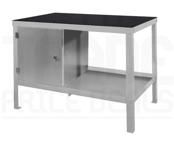 Heavy Duty Workbench | Rubber Bonded to Steel Worktop | LH Cupboard | 840h x 1200w x 750d mm | 1000kg Max Weight per Shelf | Light Grey | Benchmaster