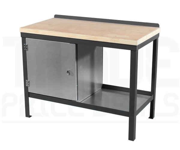 Heavy Duty Workbench | Solid Wood Worktop | LH Cupboard | 840h x 1500w x 750d mm | 1000kg Max Weight per Shelf | Dark Grey | Benchmaster