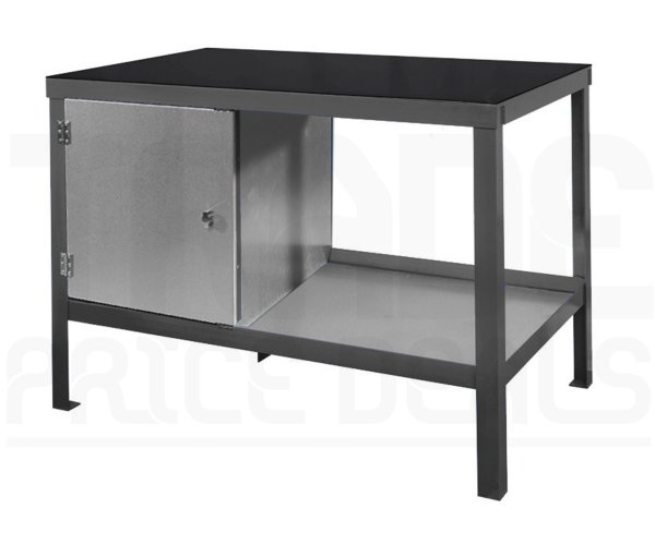 Heavy Duty Workbench | Rubber Bonded to Steel Worktop | LH Cupboard | 840h x 1500w x 600d mm | 1000kg Max Weight per Shelf | Dark Grey | Benchmaster