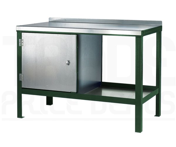 Heavy Duty Workbench | Steel Worktop | LH Cupboard | 840h x 1200w x 750d mm | 1000kg Max Weight per Shelf | Green | Benchmaster