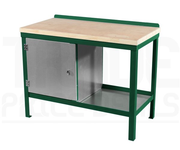 Heavy Duty Workbench | Solid Wood Worktop | LH Cupboard | 840h x 1200w x 750d mm | 1000kg Max Weight per Shelf | Green | Benchmaster