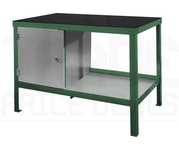 Heavy Duty Workbench | Rubber Bonded to Steel Worktop | LH Cupboard | 840h x 1200w x 900d mm | 1000kg Max Weight per Shelf | Green | Benchmaster