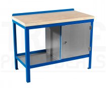 Heavy Duty Workbench | Solid Wood Worktop | RH Cupboard | 840h x 1200w x 750d mm | 1000kg Max Weight per Shelf | Blue | Benchmaster