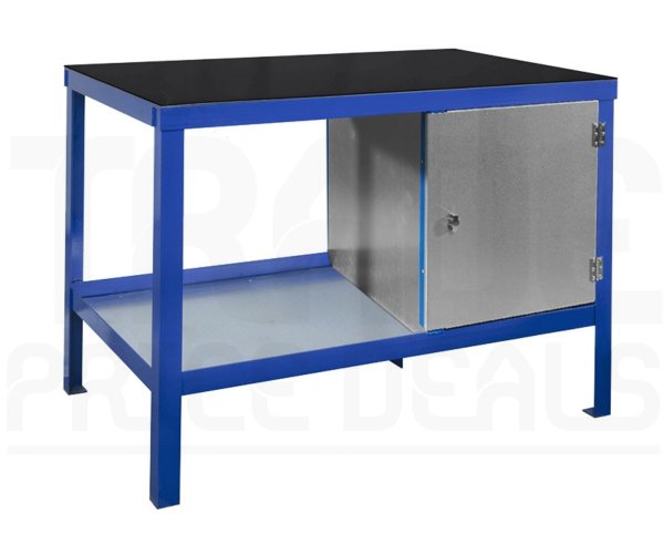 Heavy Duty Workbench | Rubber Bonded to Steel Worktop | RH Cupboard | 840h x 1200w x 900d mm | 1000kg Max Weight per Shelf | Blue | Benchmaster