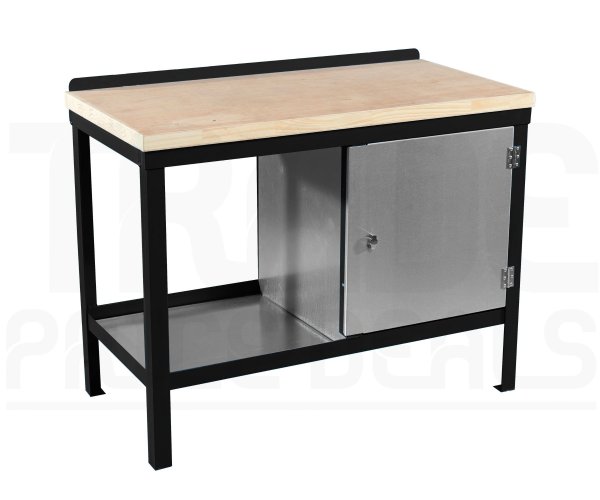 Heavy Duty Workbench | Solid Wood Worktop | RH Cupboard | 840h x 1200w x 750d mm | 1000kg Max Weight per Shelf | Black | Benchmaster