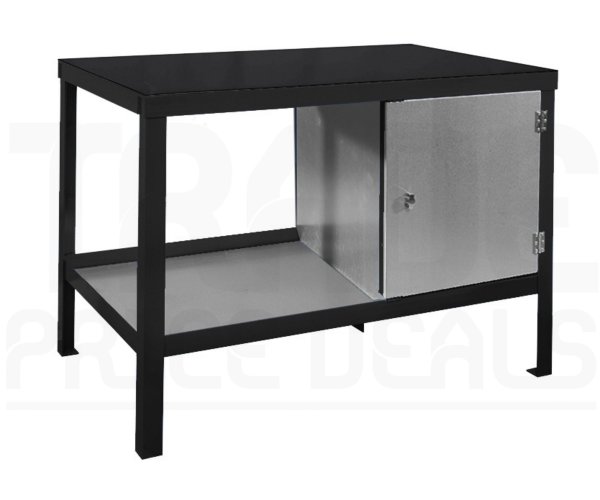 Heavy Duty Workbench | Rubber Bonded to Steel Worktop | RH Cupboard | 840h x 1200w x 900d mm | 1000kg Max Weight per Shelf | Black | Benchmaster