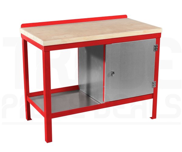 Heavy Duty Workbench | Solid Wood Worktop | RH Cupboard | 840h x 1200w x 600d mm | 1000kg Max Weight per Shelf | Red | Benchmaster