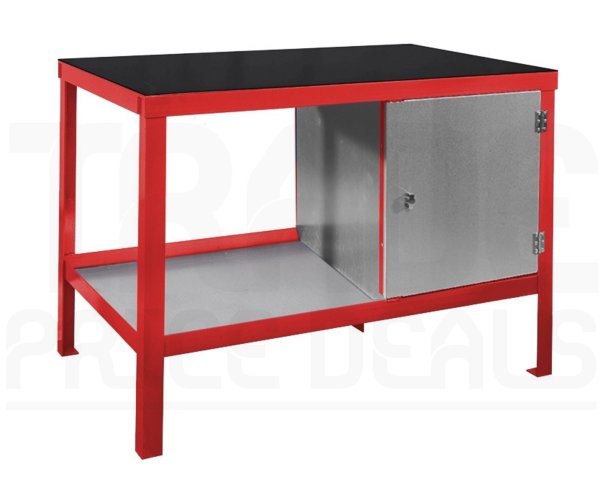 Heavy Duty Workbench | Rubber Bonded to Steel Worktop | RH Cupboard | 840h x 1200w x 900d mm | 1000kg Max Weight per Shelf | Red | Benchmaster