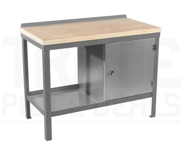 Heavy Duty Workbench | Solid Wood Worktop | RH Cupboard | 840h x 1200w x 750d mm | 1000kg Max Weight per Shelf | Silver | Benchmaster