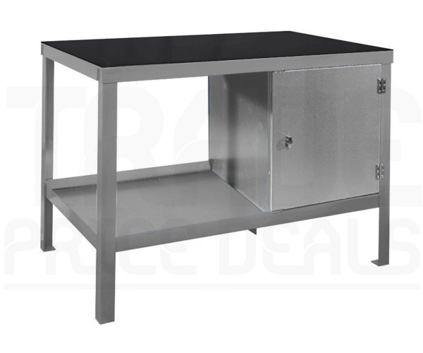 Heavy Duty Workbench | Rubber Bonded to Steel Worktop | RH Cupboard | 840h x 1200w x 750d mm | 1000kg Max Weight per Shelf | Silver | Benchmaster