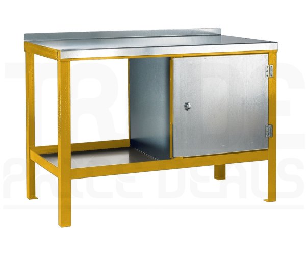 Heavy Duty Workbench | Steel Worktop | RH Cupboard | 840h x 1500w x 900d mm | 1000kg Max Weight per Shelf | Yellow | Benchmaster