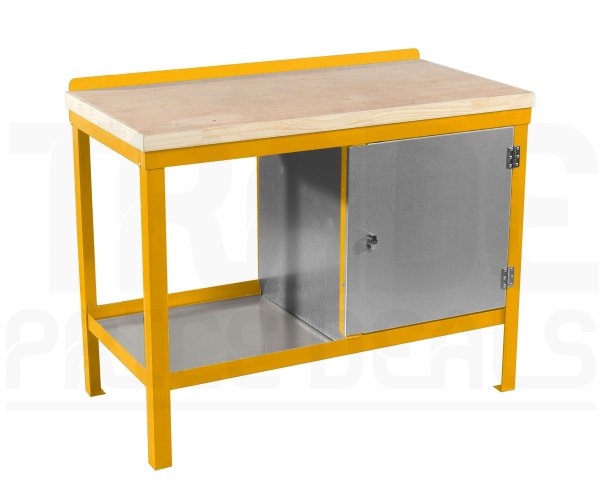 Heavy Duty Workbench | Solid Wood Worktop | RH Cupboard | 840h x 1200w x 750d mm | 1000kg Max Weight per Shelf | Yellow | Benchmaster