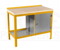 Heavy Duty Workbench | Solid Wood Worktop | RH Cupboard | 840h x 1200w x 900d mm | 1000kg Max Weight per Shelf | Yellow | Benchmaster