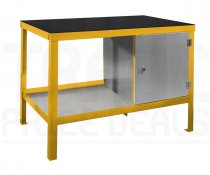 Heavy Duty Workbench | Rubber Bonded to Steel Worktop | RH Cupboard | 840h x 1200w x 750d mm | 1000kg Max Weight per Shelf | Yellow | Benchmaster