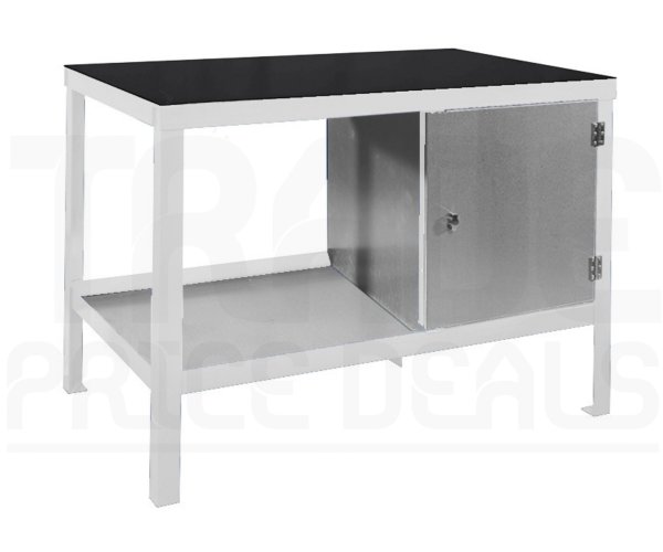 Heavy Duty Workbench | Rubber Bonded to Steel Worktop | RH Cupboard | 840h x 1200w x 900d mm | 1000kg Max Weight per Shelf | White | Benchmaster