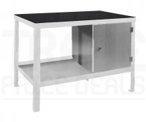 Heavy Duty Workbench | Rubber Bonded to Steel Worktop | RH Cupboard | 840h x 1500w x 900d mm | 1000kg Max Weight per Shelf | White | Benchmaster