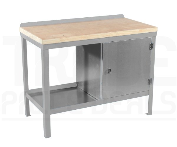 Heavy Duty Workbench | Solid Wood Worktop | RH Cupboard | 840h x 1200w x 900d mm | 1000kg Max Weight per Shelf | Light Grey | Benchmaster