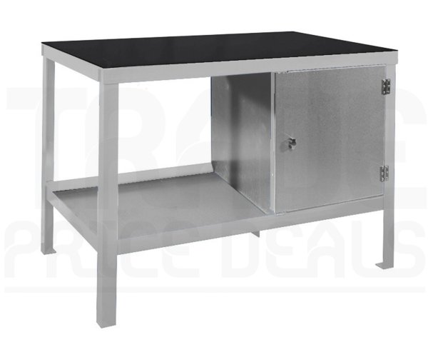 Heavy Duty Workbench | Rubber Bonded to Steel Worktop | RH Cupboard | 840h x 1200w x 750d mm | 1000kg Max Weight per Shelf | Light Grey | Benchmaster