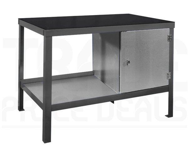 Heavy Duty Workbench | Rubber Bonded to Steel Worktop | RH Cupboard | 840h x 1200w x 750d mm | 1000kg Max Weight per Shelf | Dark Grey | Benchmaster